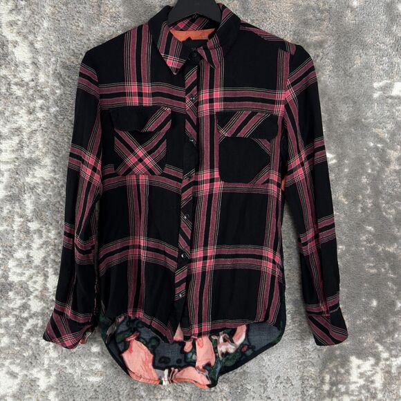 Guess Womens Size XS Plaid Floral Button Shirt Pink Black Long Sleeve Button - Picture 1 of 9
